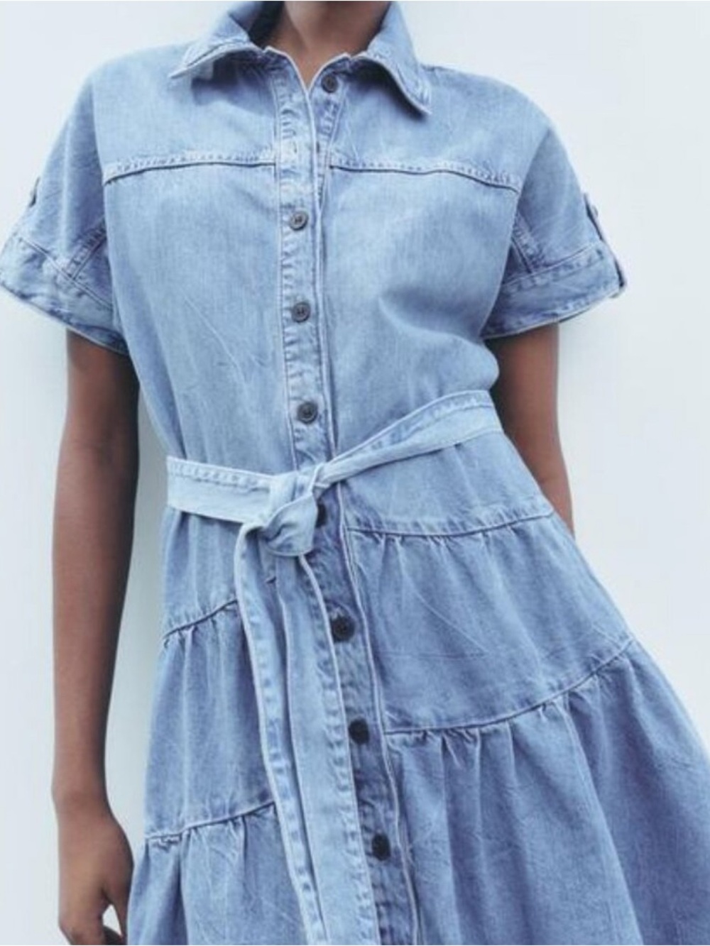Zara nwot Light Blue Denim Tiered Button-Front Dress with Belt XS